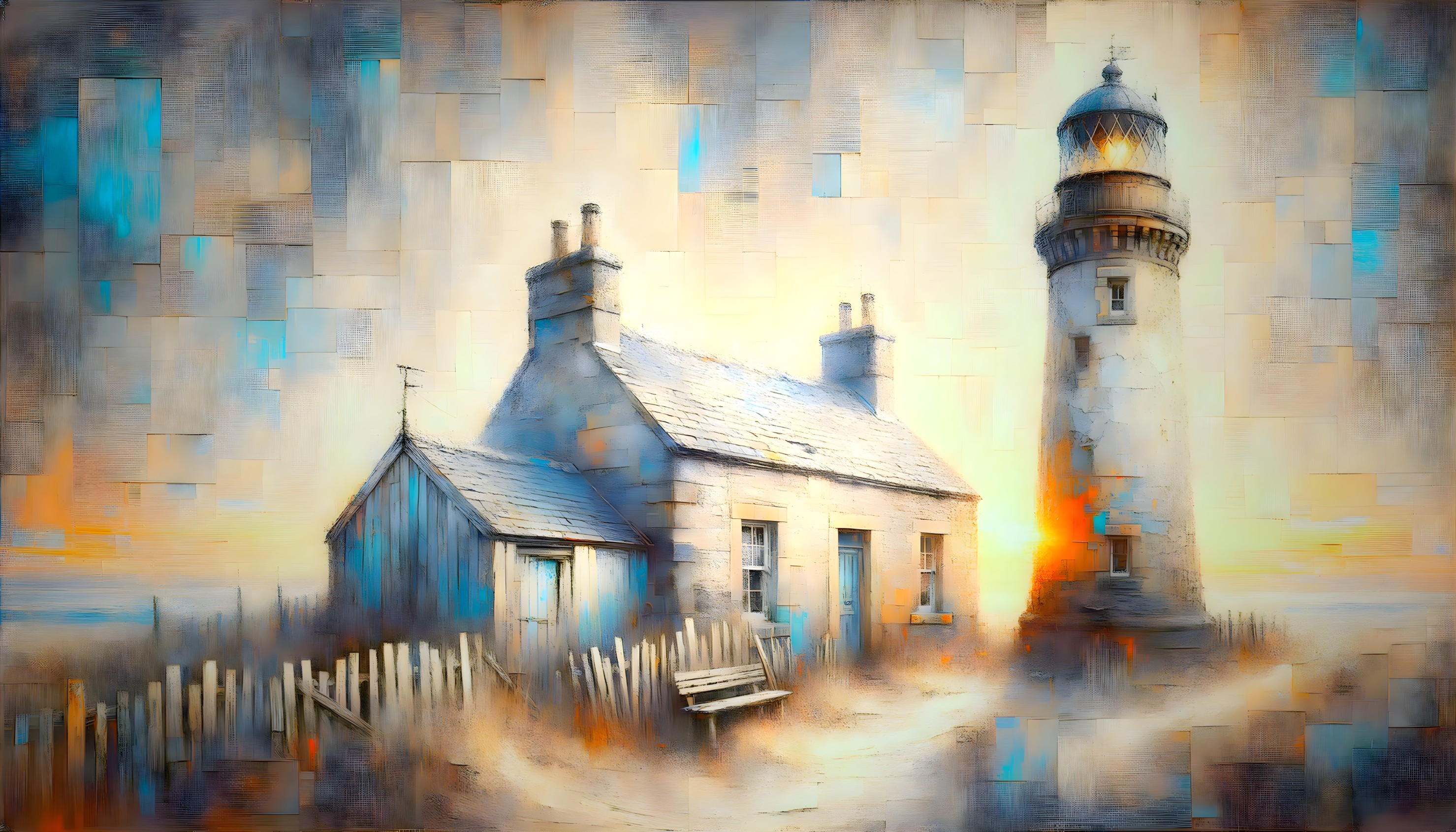 Coastal Landscape with Lighthouse and Quaint Cottage