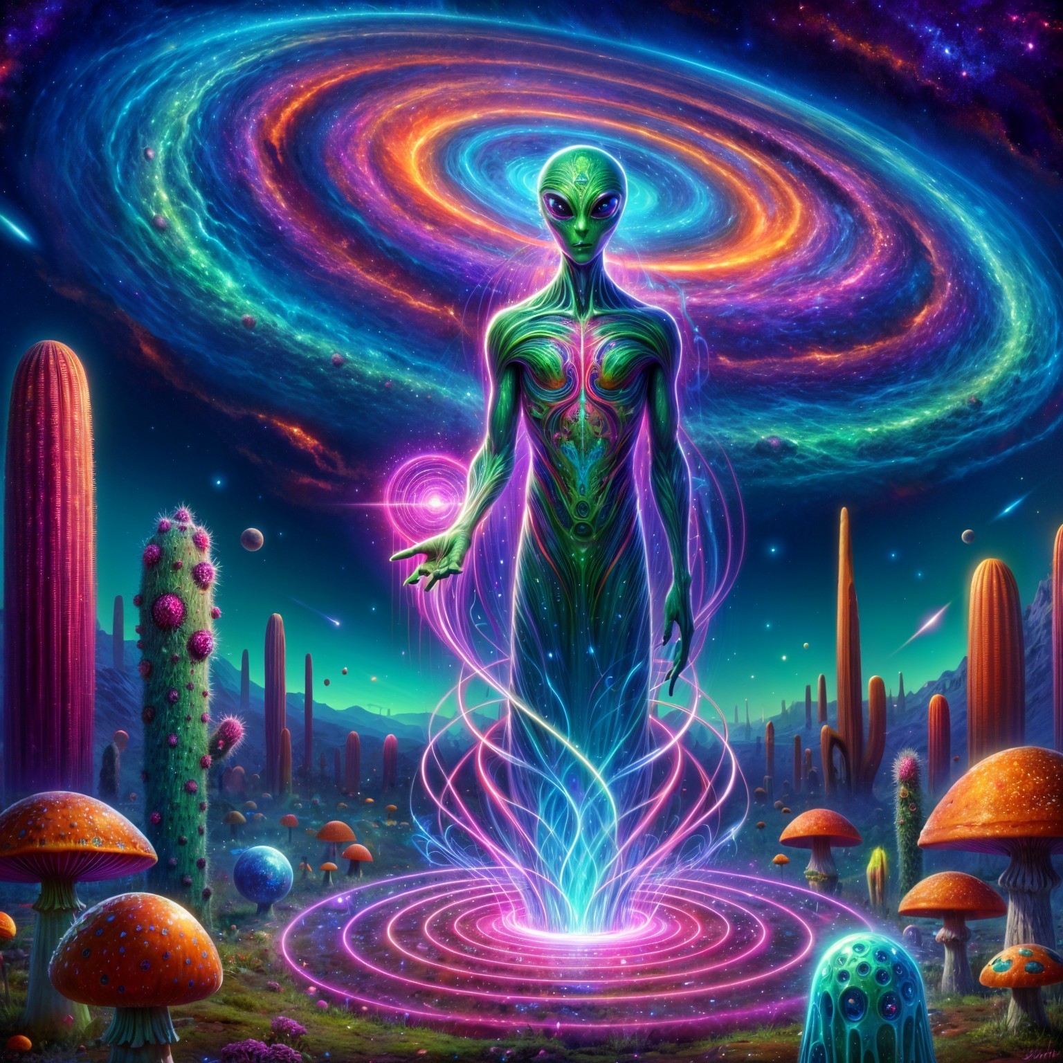 Vibrant Alien in a Swirling Galaxy Landscape
