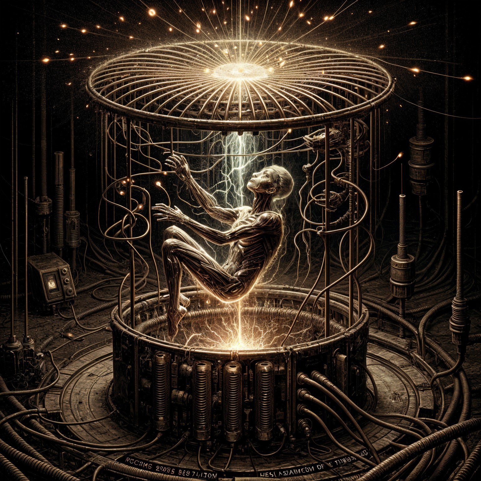 Surreal Scene of Skeletal Figure in Metallic Cage