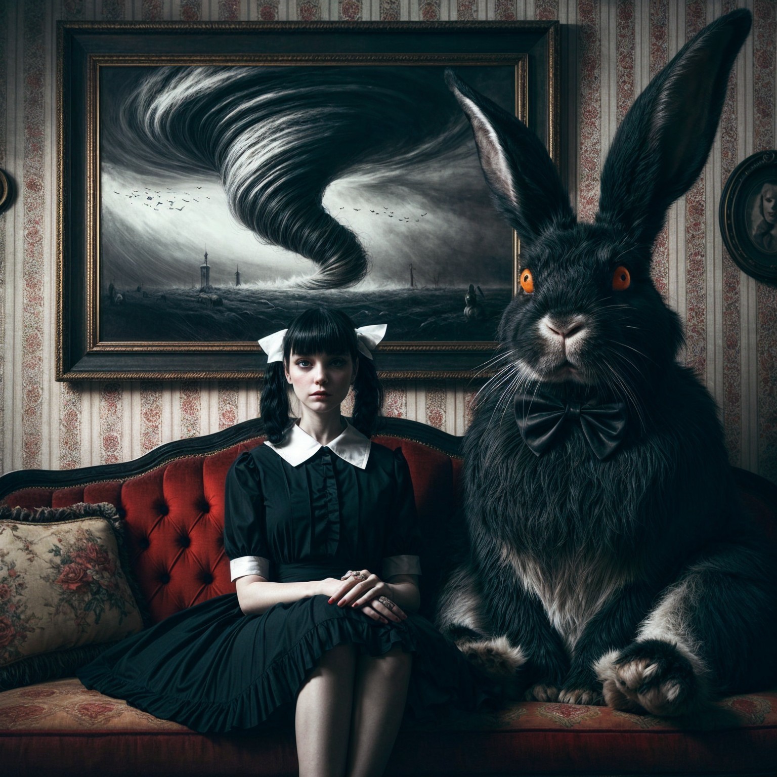 Surreal Scene of Girl and Rabbit on Vintage Sofa