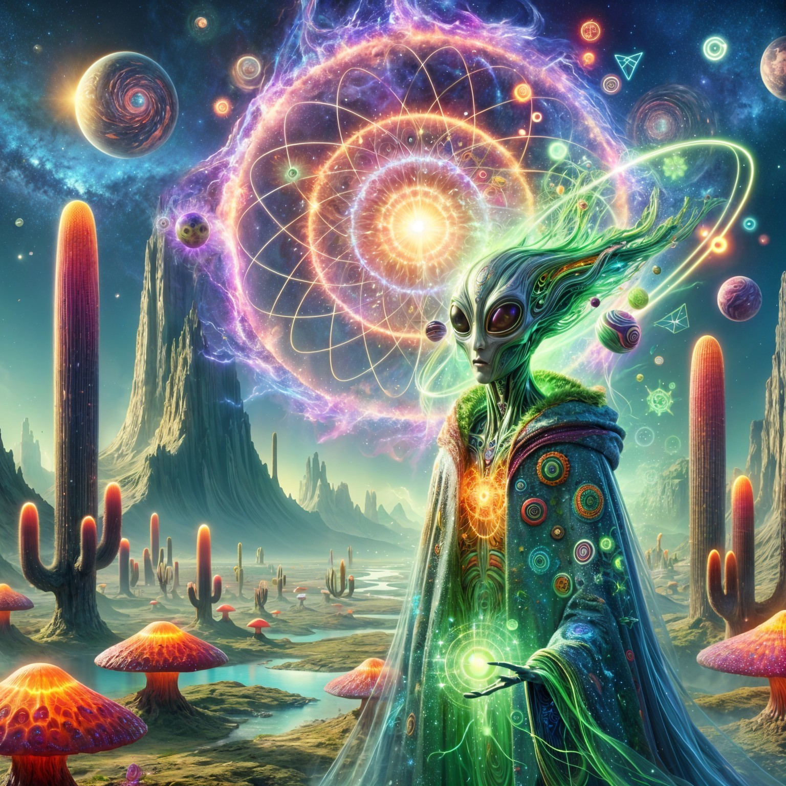 Surreal Alien Landscape with Colorful Flora and Orbs