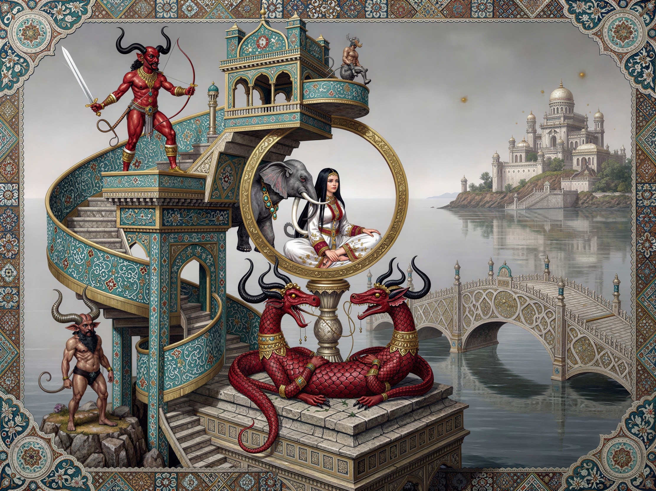 Persian Miniature Illustration with Mythical Elements