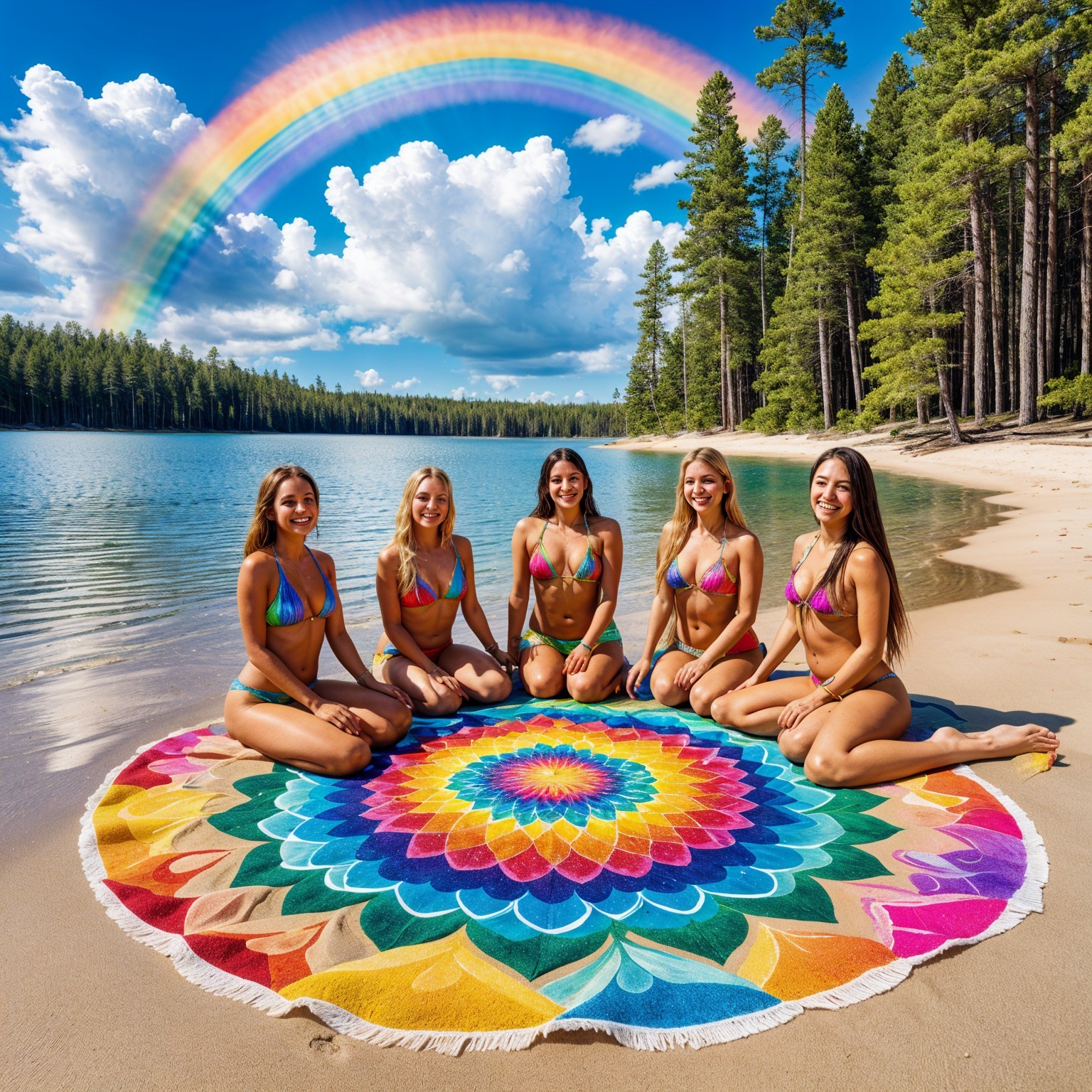 Women in Circle on Colorful Beach Towel by Lake