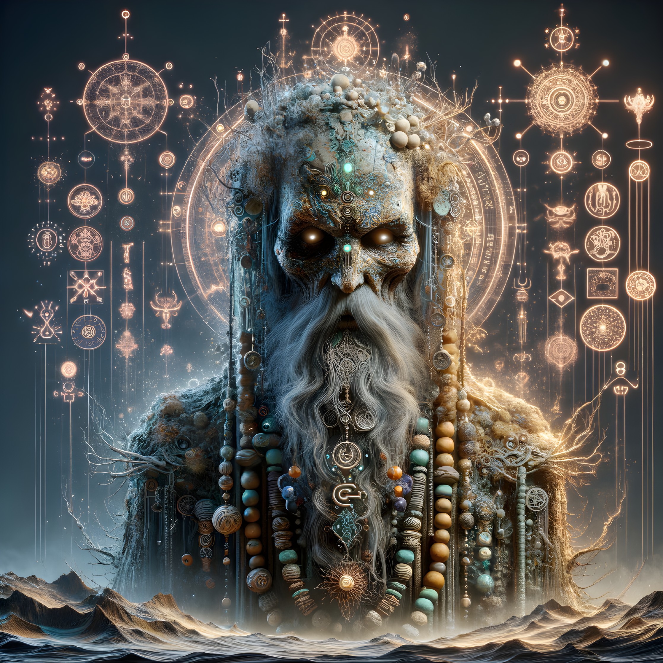 Ancient deity figure with cosmic patterns and symbols