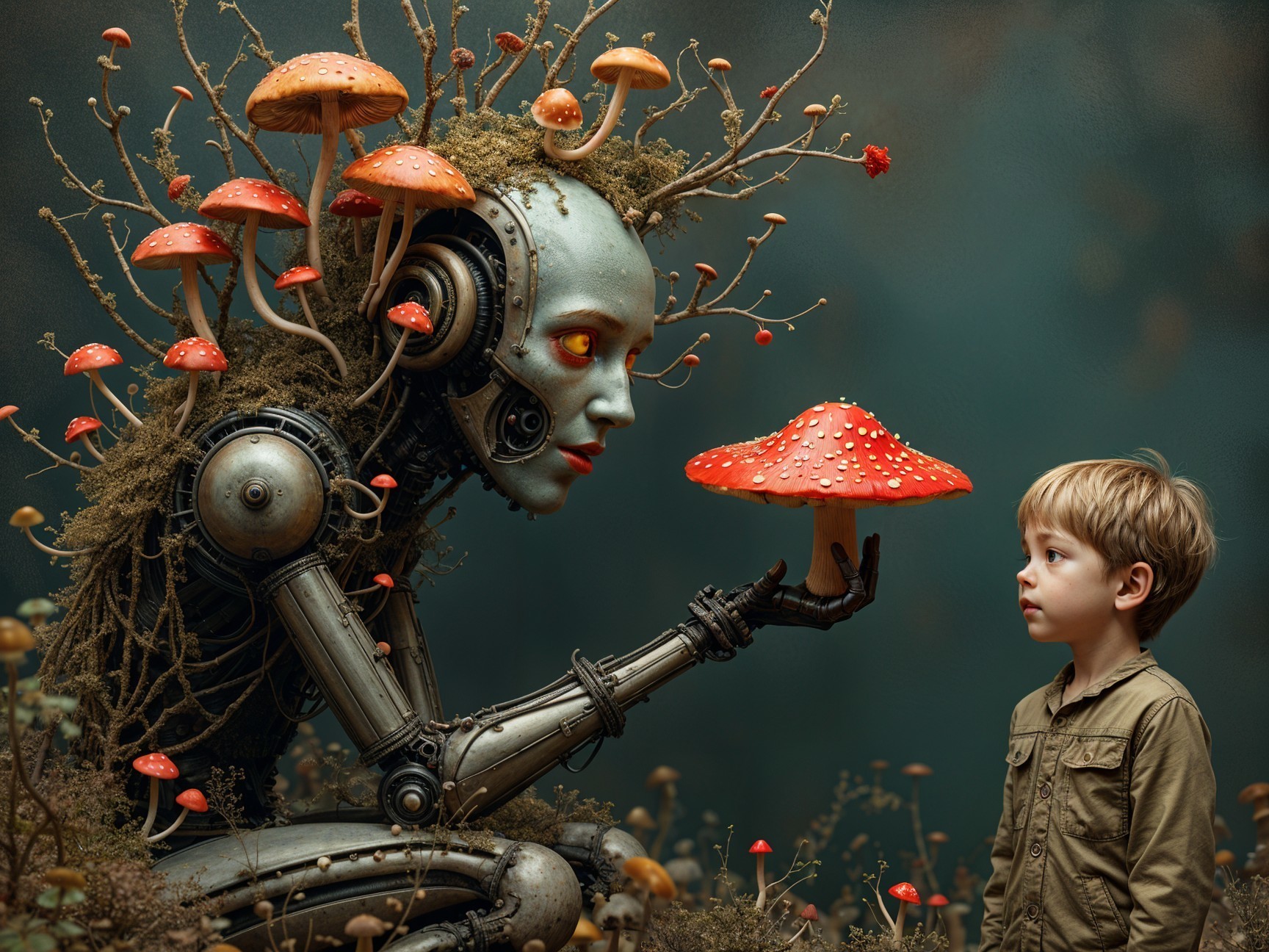 Humanoid Robot Presents Mushroom in Enchanted Forest