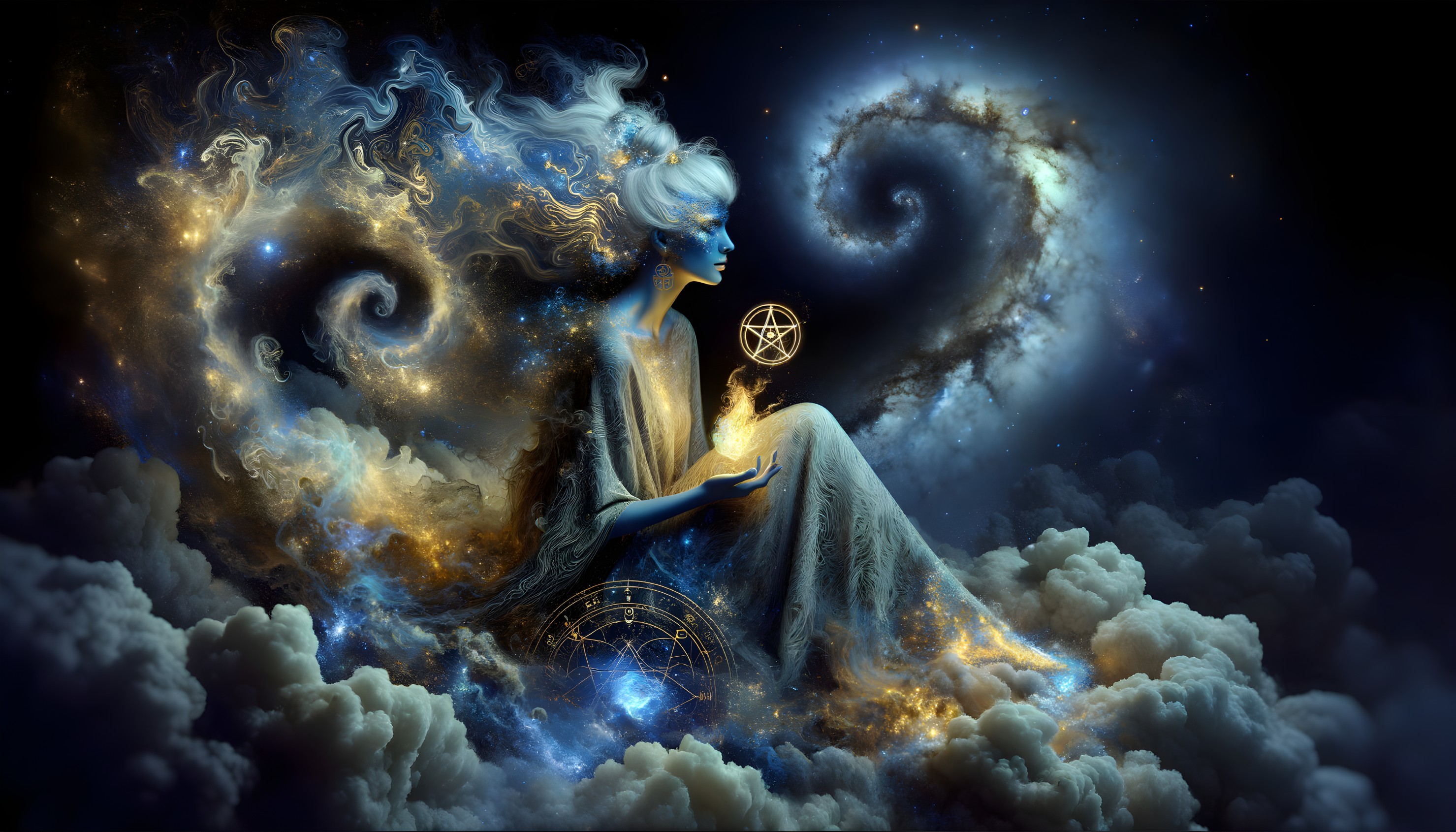 Blue-skinned mystical figure with glowing orb in celestial setting