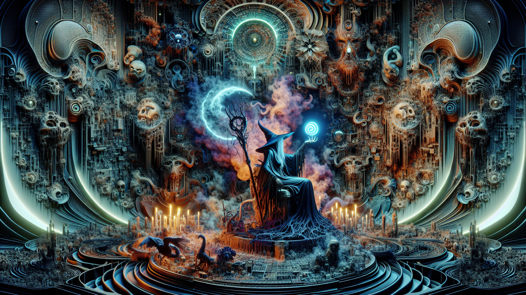 Cloaked Figure on Throne in Mystical Landscape