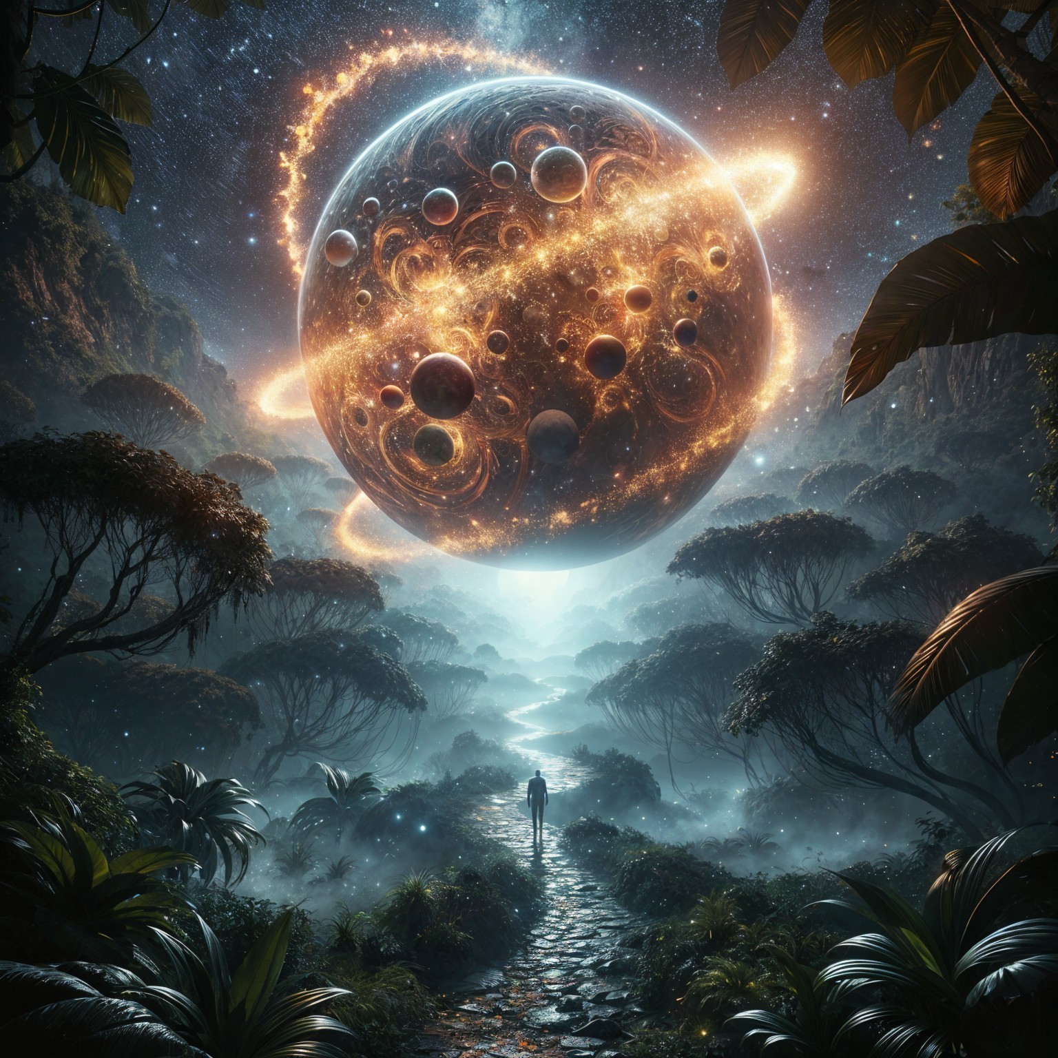 Giant Planet Over Lush Forest and Swirling Galaxies
