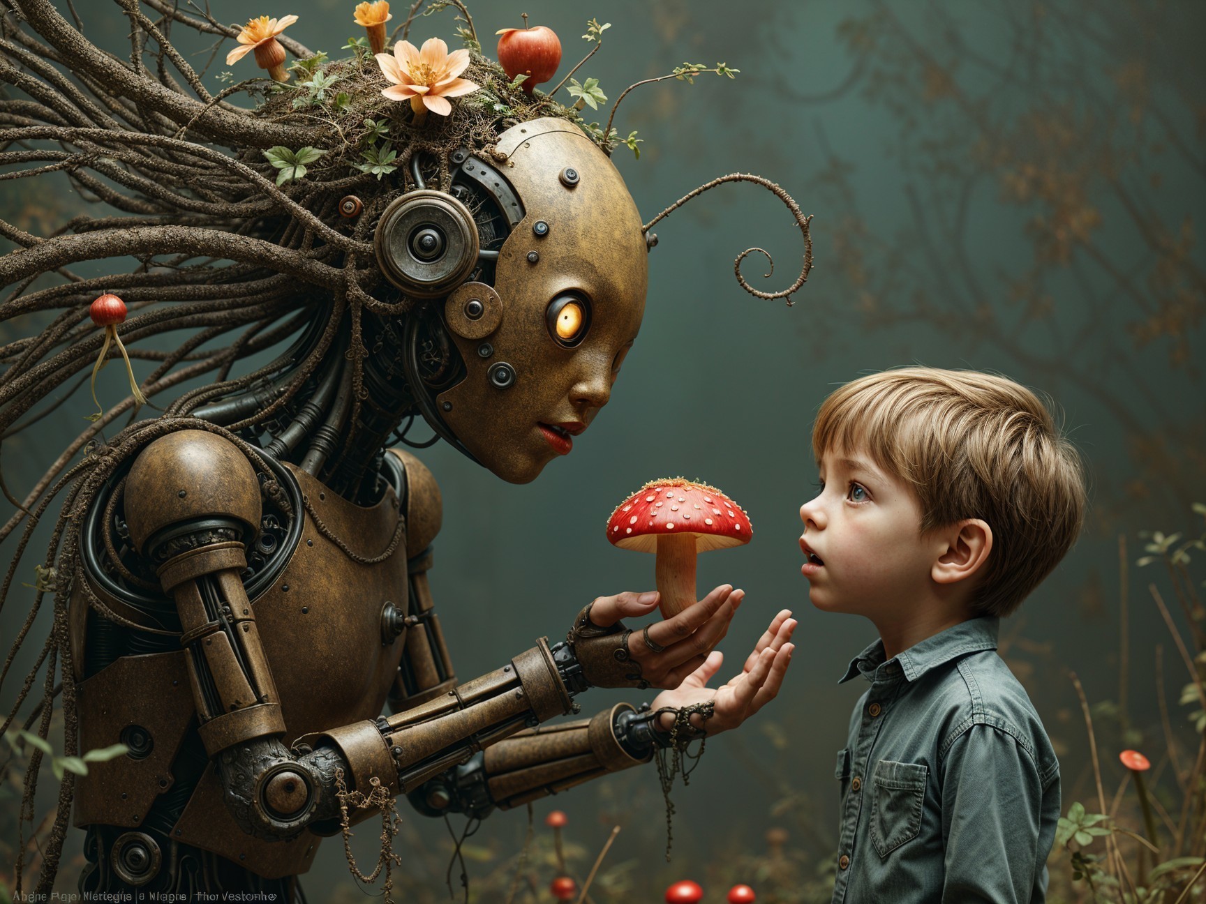 Humanoid Robot and Boy in a Magical Forest Scene