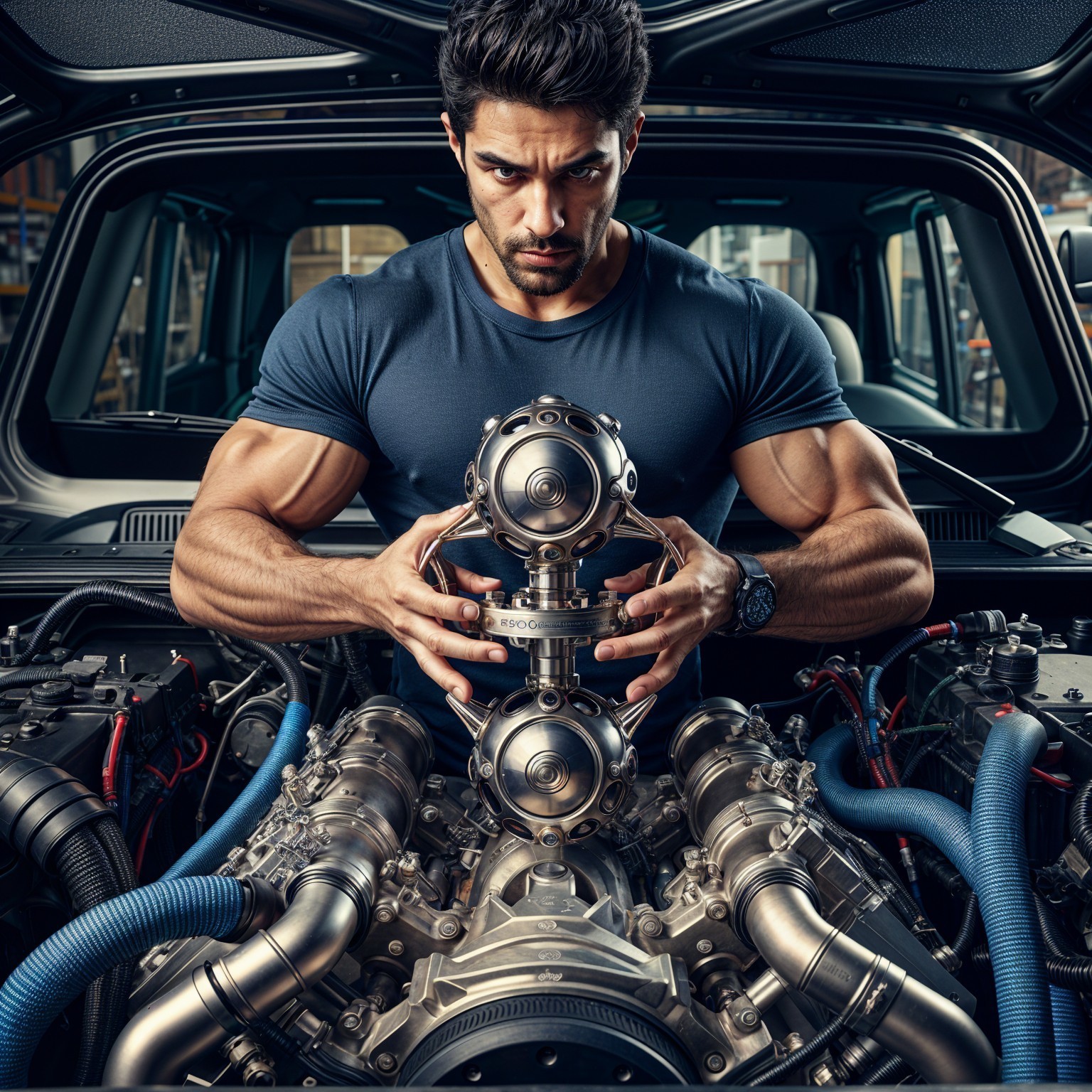 Muscular Man Examining Engine Bay of High-Performance Vehicle