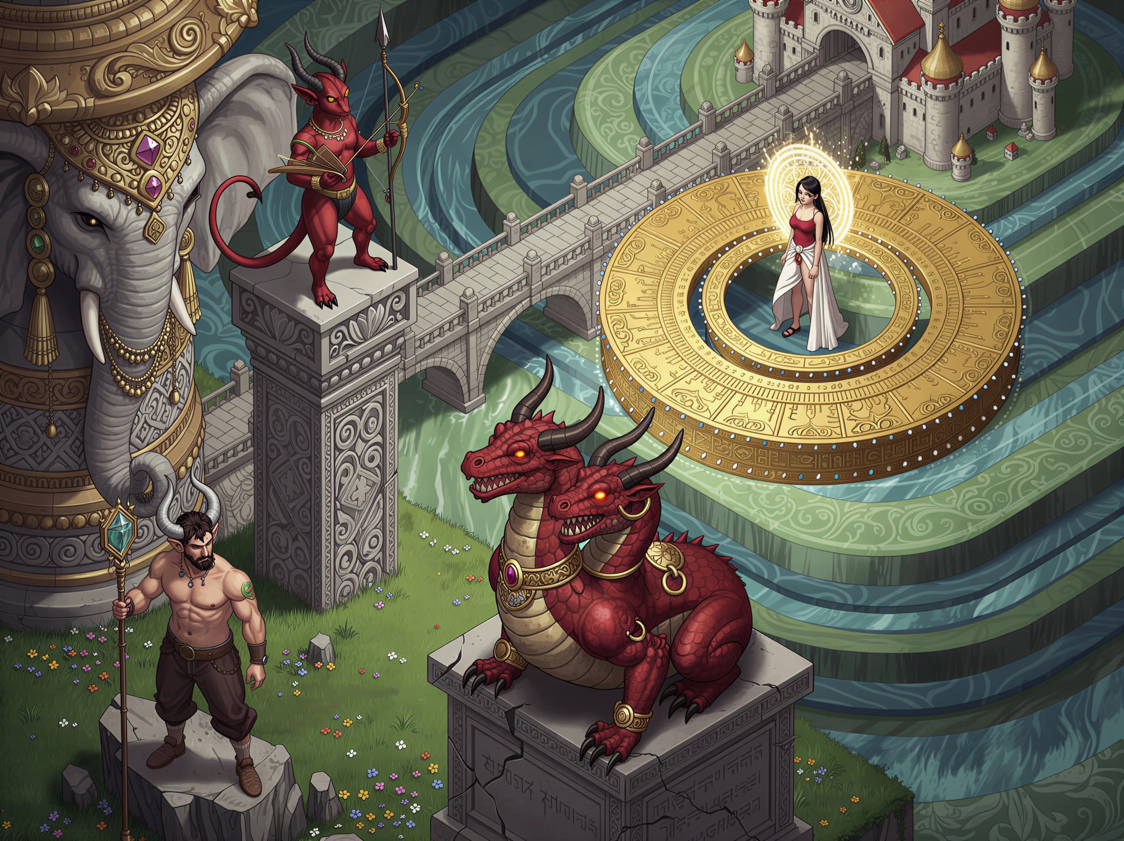 Isometric Drawing of Fantasy Landscape with Creatures