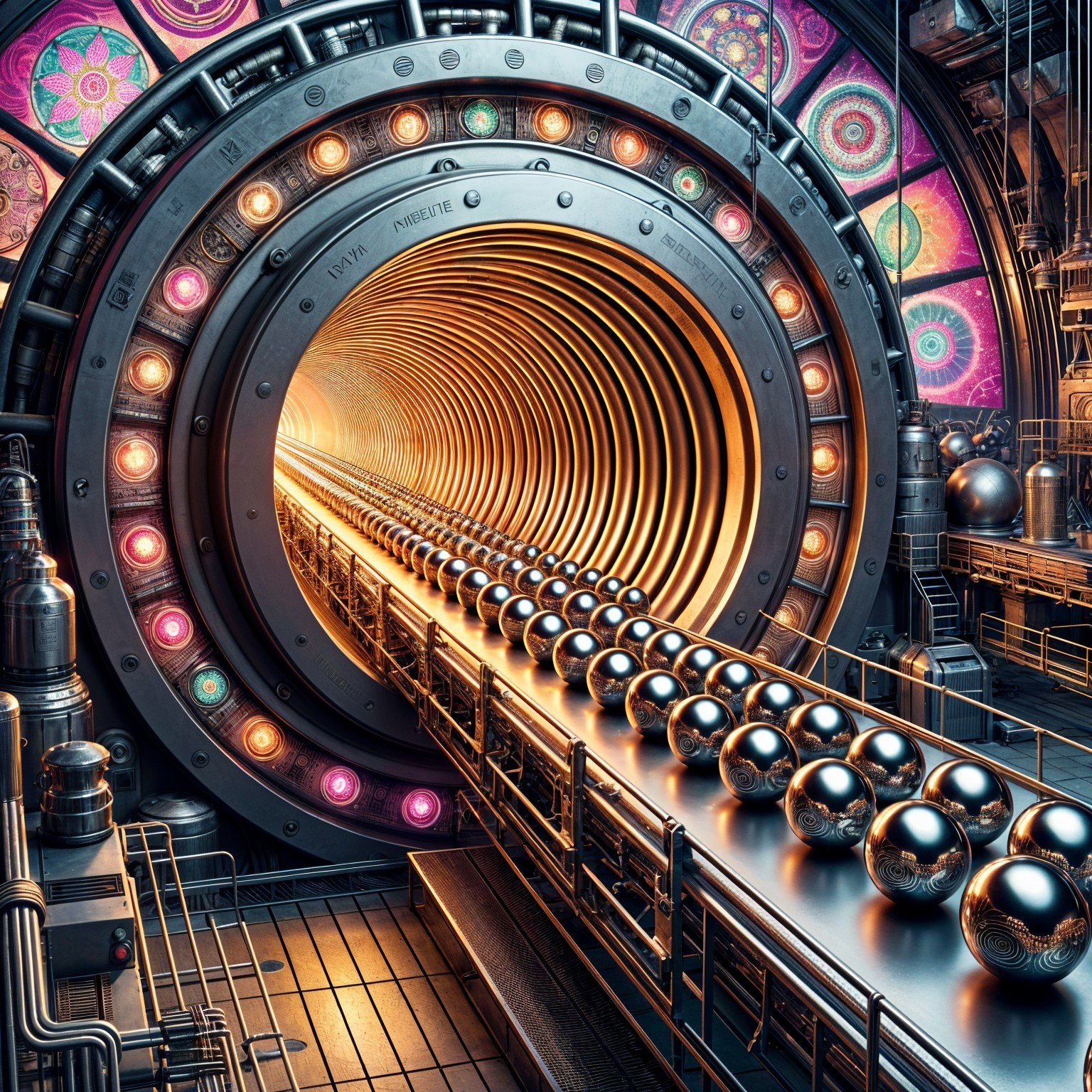 Futuristic Industrial Tunnel with Shiny Spheres