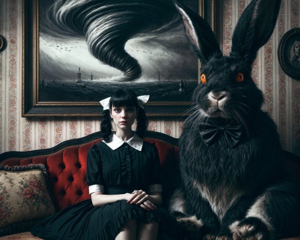 Surreal Scene of Girl and Rabbit on Vintage Sofa