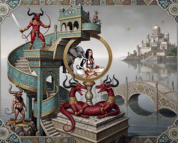 Persian Miniature Illustration with Mythical Elements