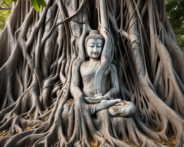 Buddha Statue Surrounded by Banyan Tree Roots