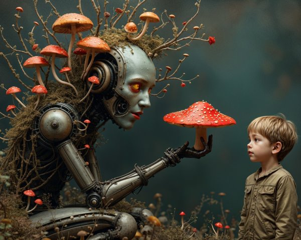 Humanoid Robot Presents Mushroom in Enchanted Forest