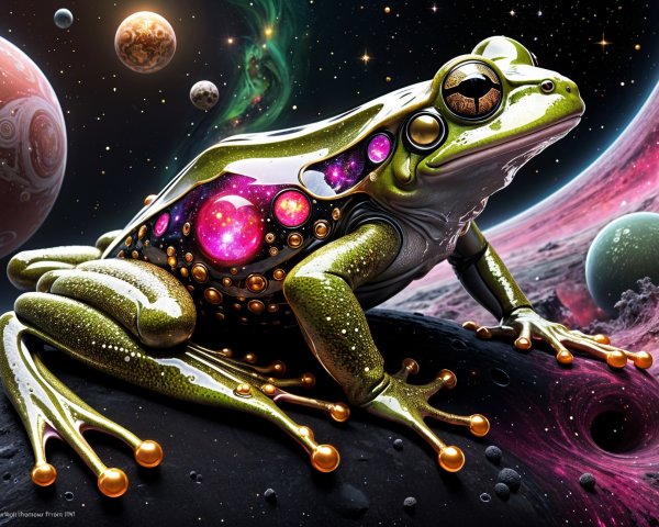 Frog on Cosmic Landscape with Galaxies and Nebulae