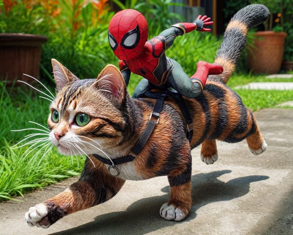 Tabby Cat with Spider-Man Figure in Vibrant Setting