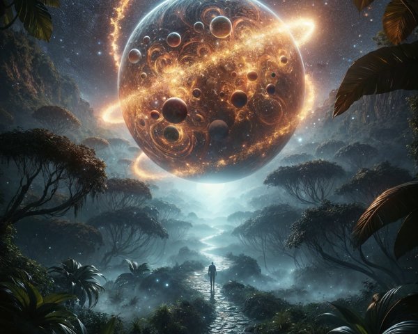 Giant Planet Over Lush Forest and Swirling Galaxies