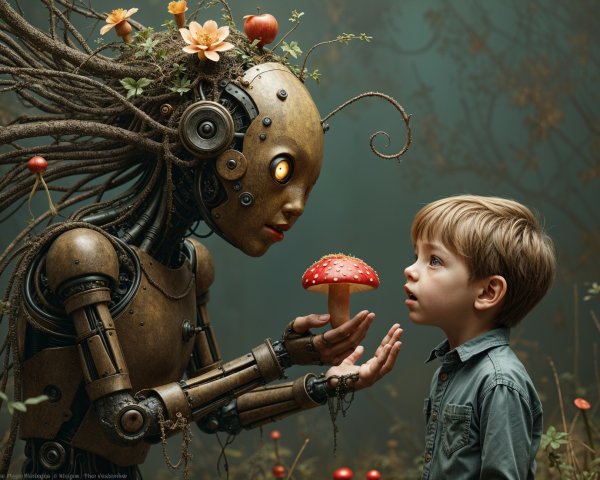 Humanoid Robot and Boy in a Magical Forest Scene