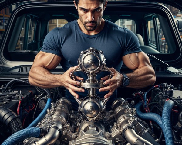 Muscular Man Examining Engine Bay of High-Performance Vehicle