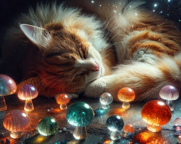 Fluffy Orange Cat Sleeping Among Glowing Mushrooms