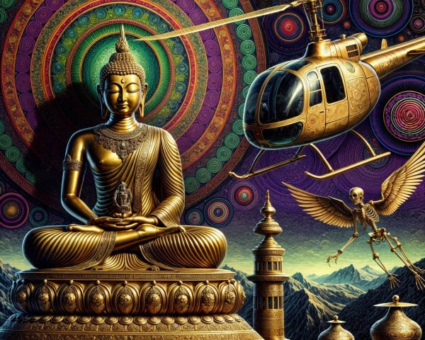 Golden Buddha Statue Surrounded by Vibrant Patterns