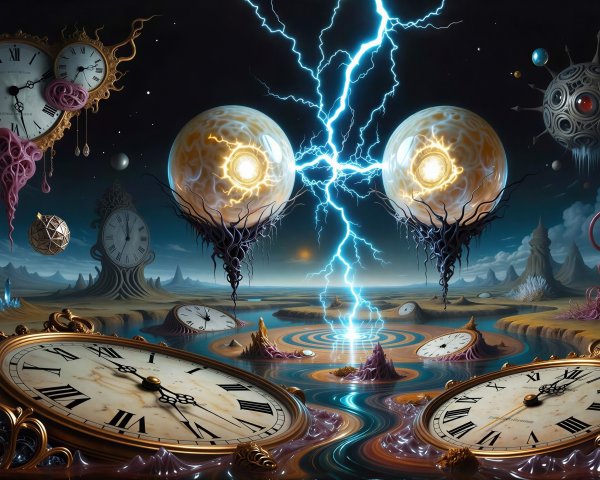 Cosmic Landscape with Floating Orbs and Ornate Clocks