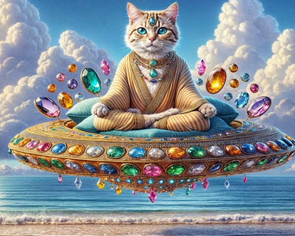 Meditating Cat on Jewel-Encrusted Flying Saucer