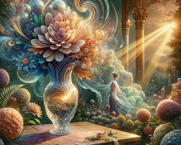 Vibrant Flowers in a Crystal Vase with Serene Landscape