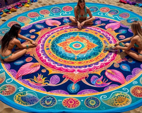 Women Creating Colorful Mandala in Outdoor Setting