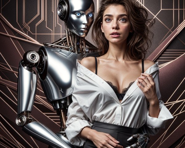 Futuristic Scene with Humanoid Robot and Woman