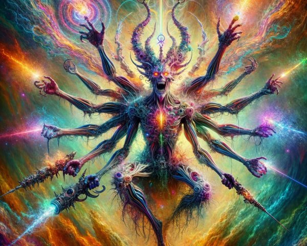 Otherworldly figure with multiple arms and mystical weapons