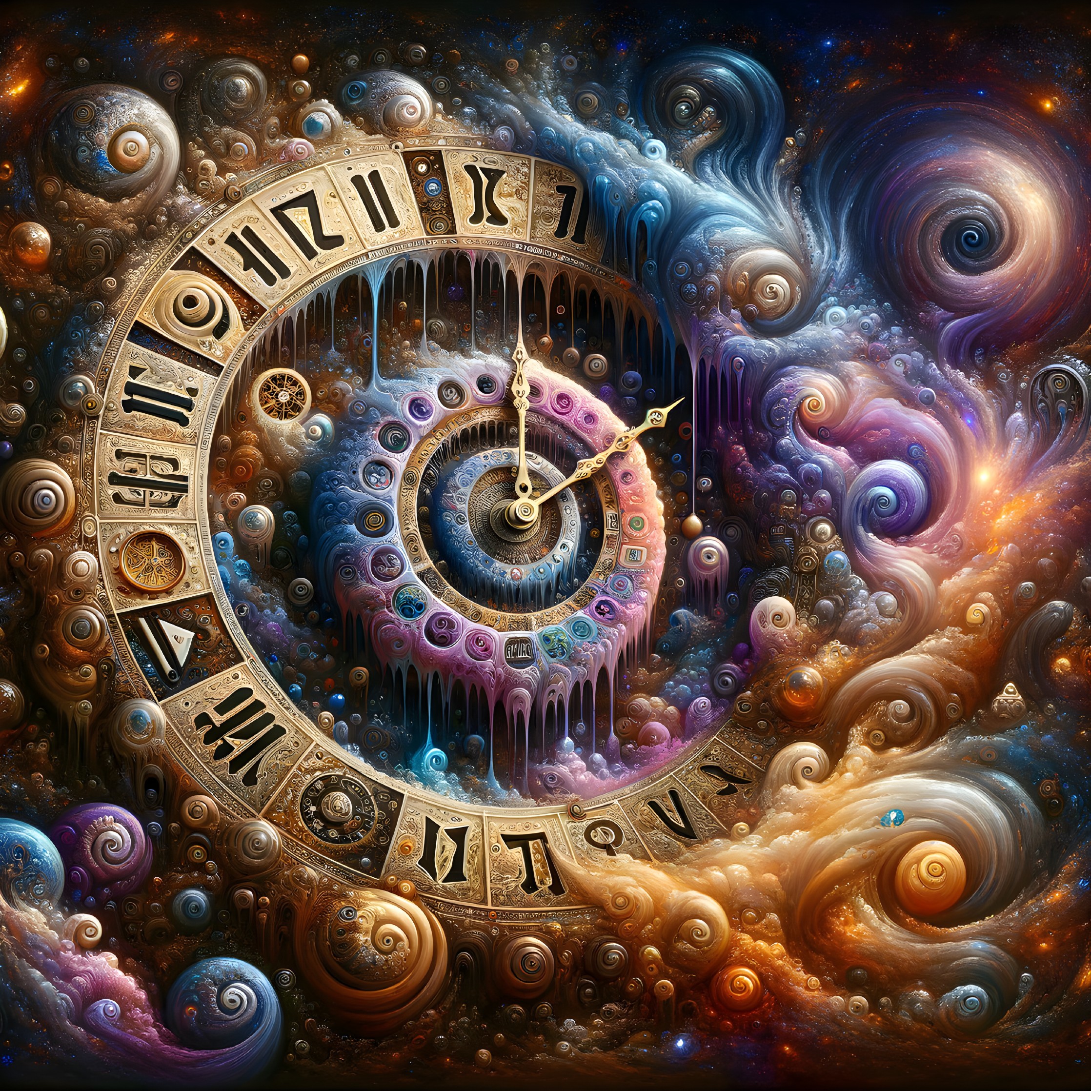 Fantastical cosmic clock with Roman numerals in swirling galaxies.