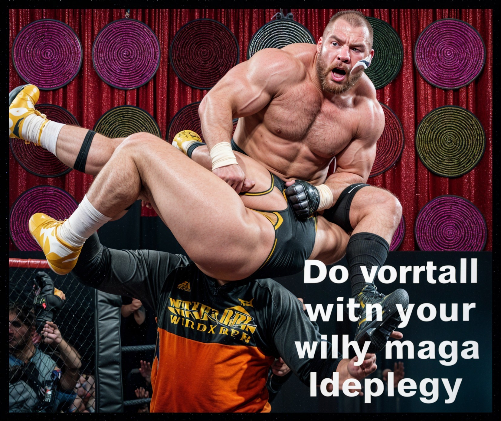 Muscular Wrestler Mid-Slam in Vibrant Backdrop
