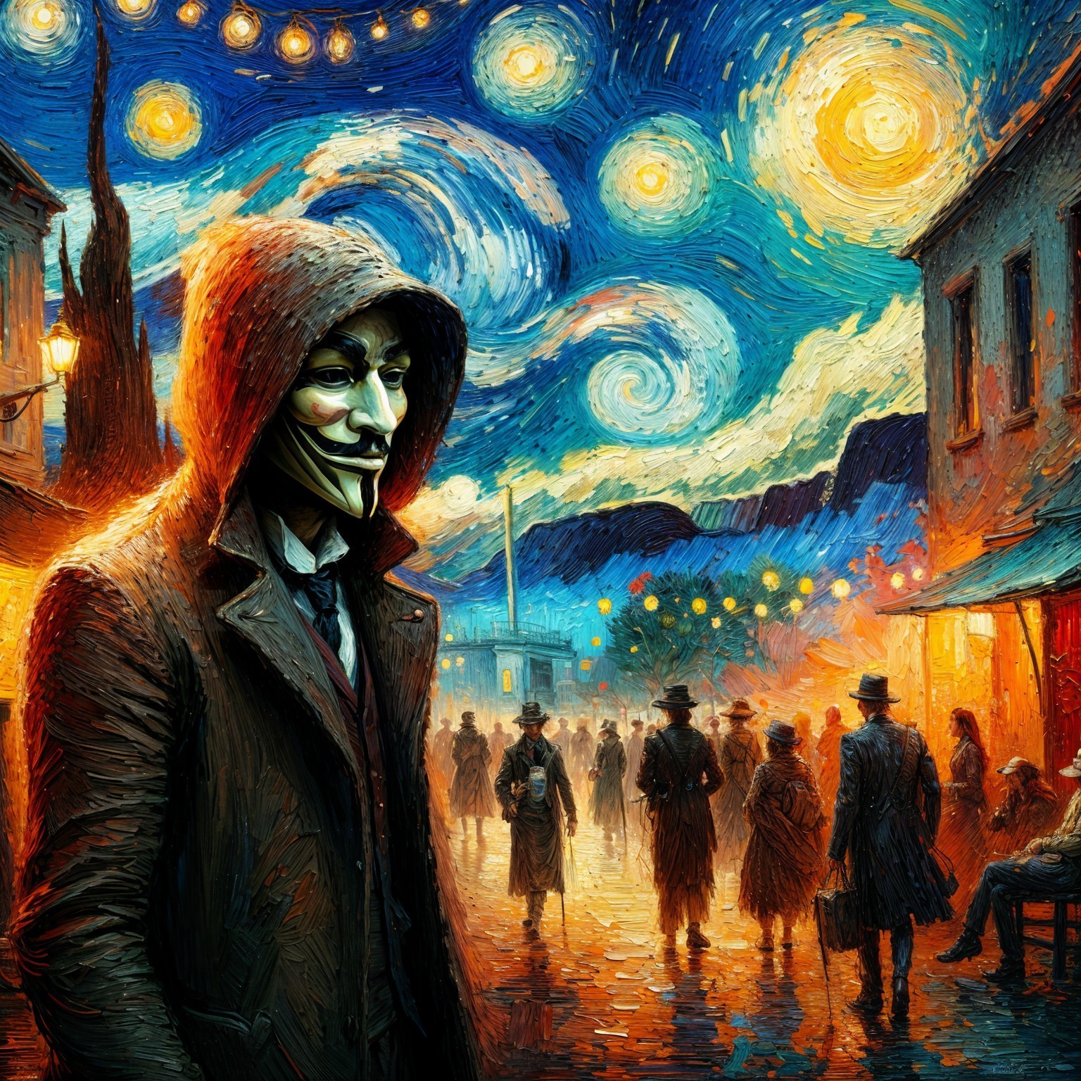 Starry Night Scene with Hooded Figure and Vintage Lights