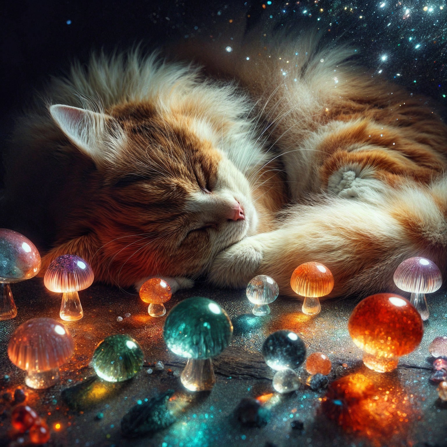 Fluffy Orange Cat Sleeping Among Glowing Mushrooms
