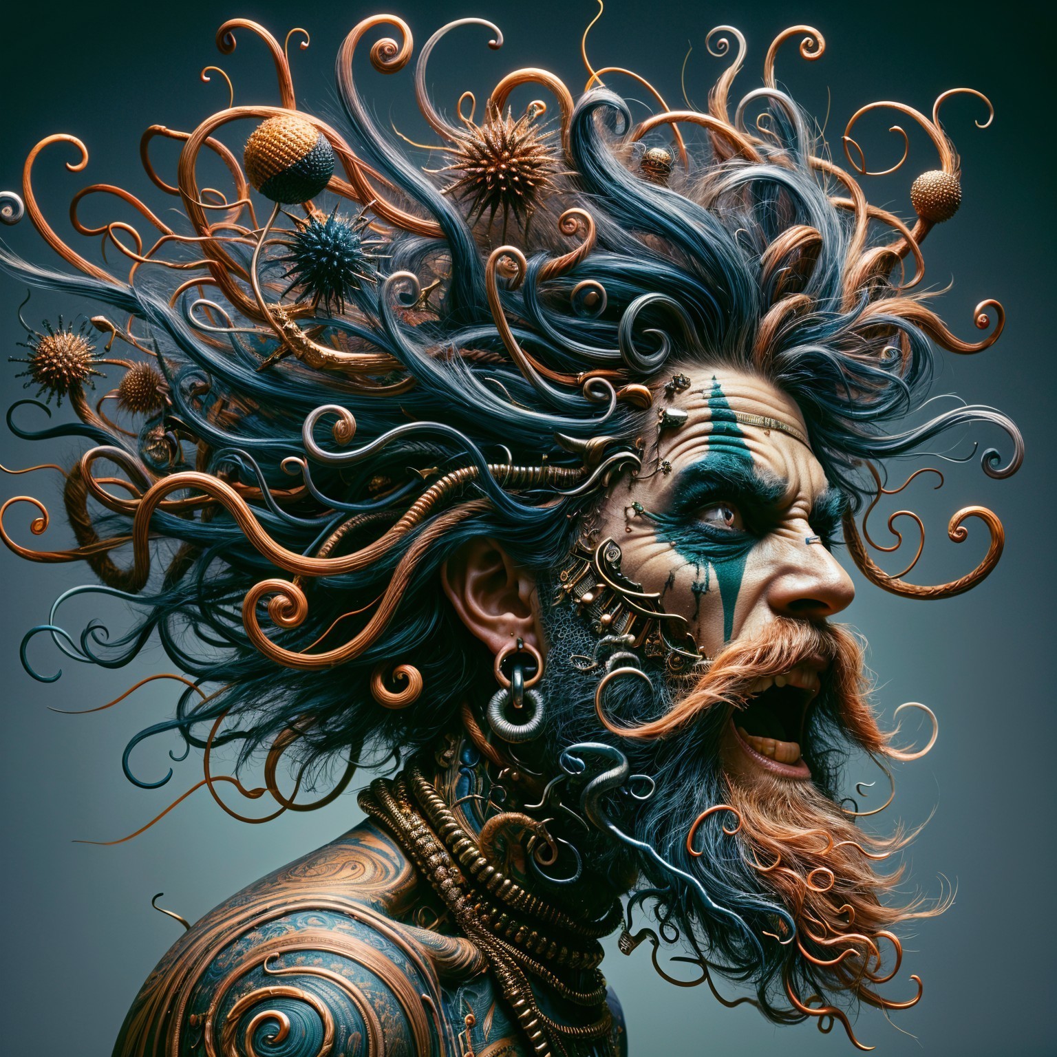Portrait of a man with vibrant hair and tattoos