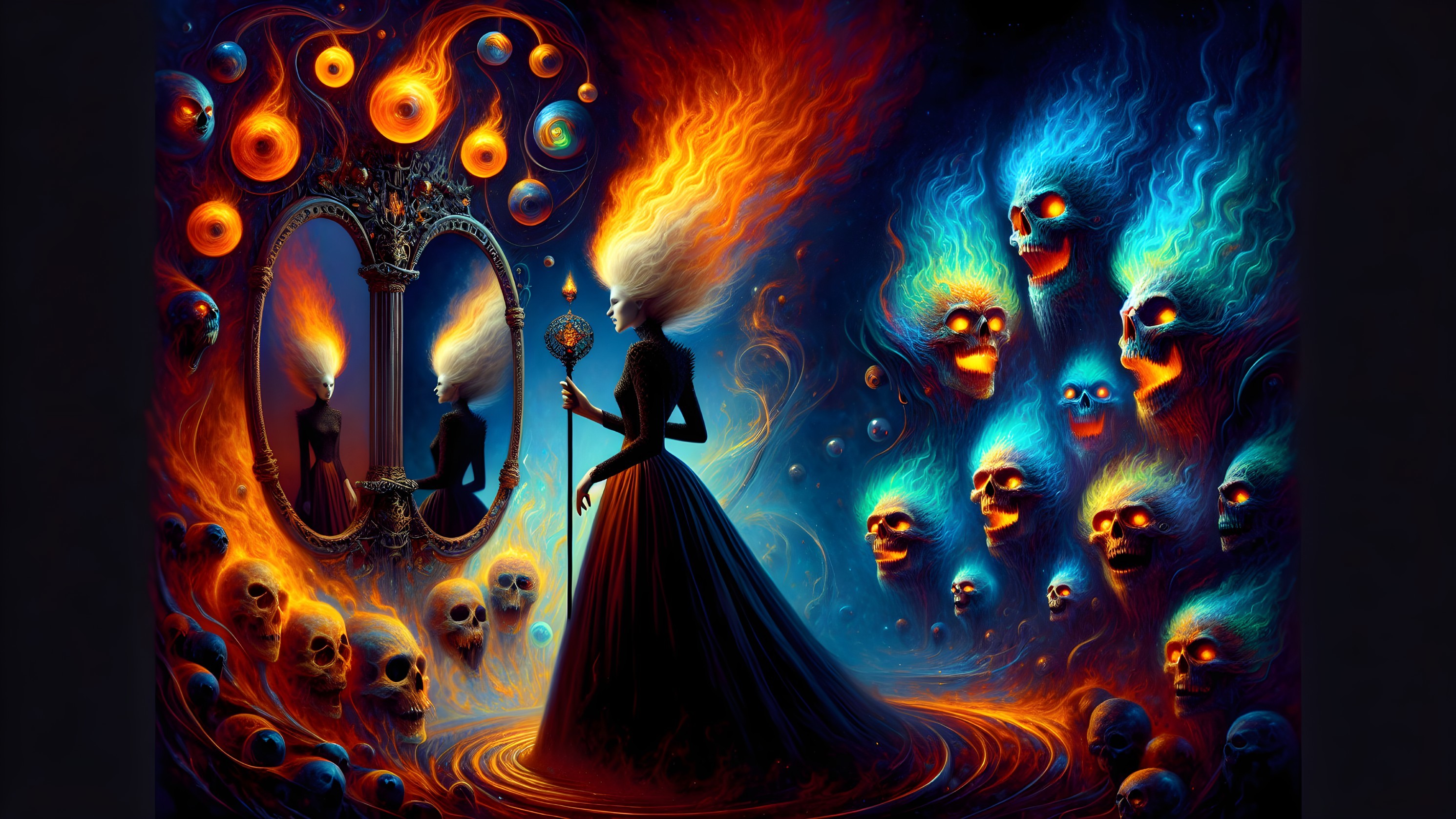 Mysterious Figure with Flames in Ethereal Setting