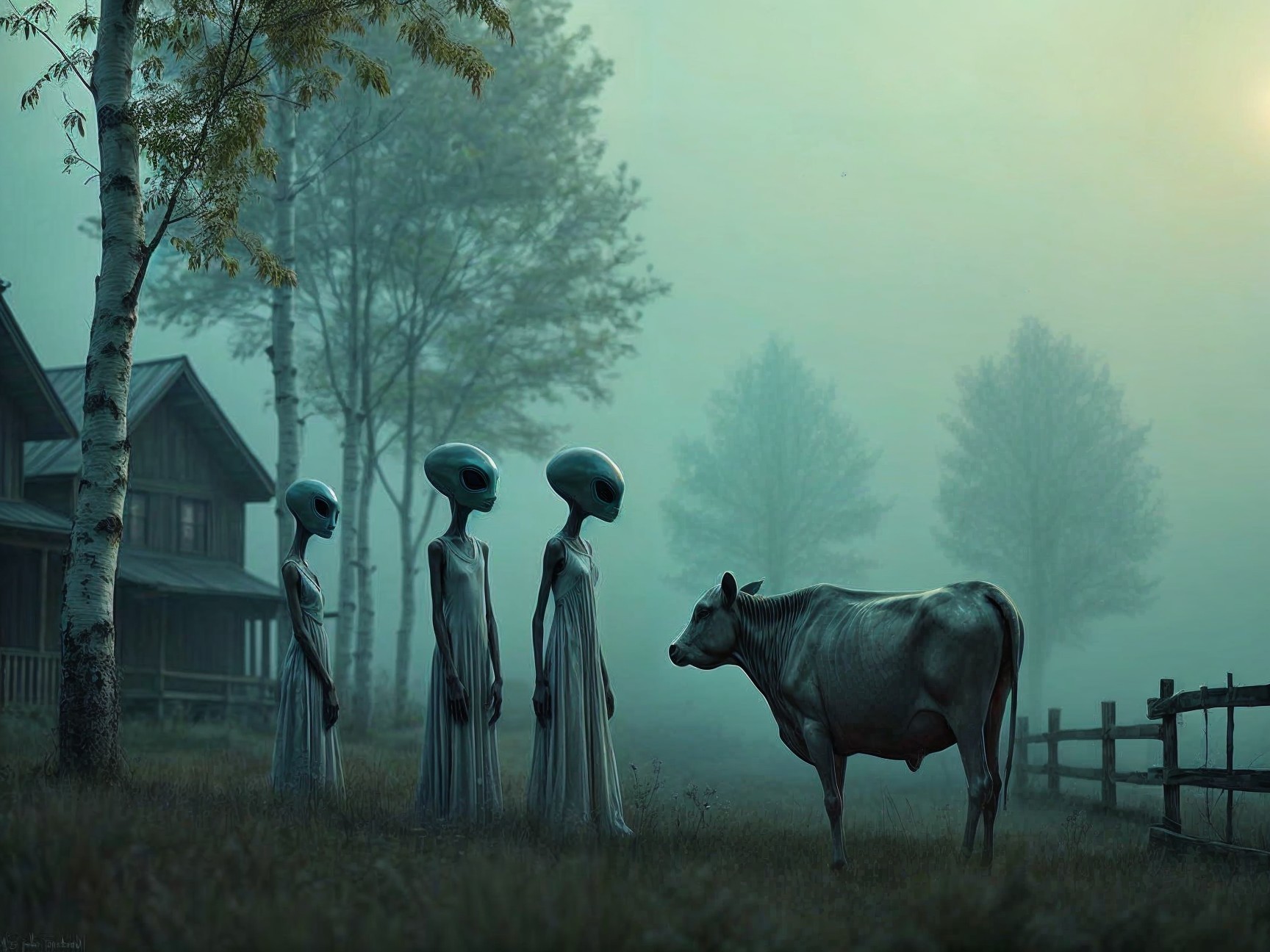 Misty Landscape with Humanoid Figures and Cow