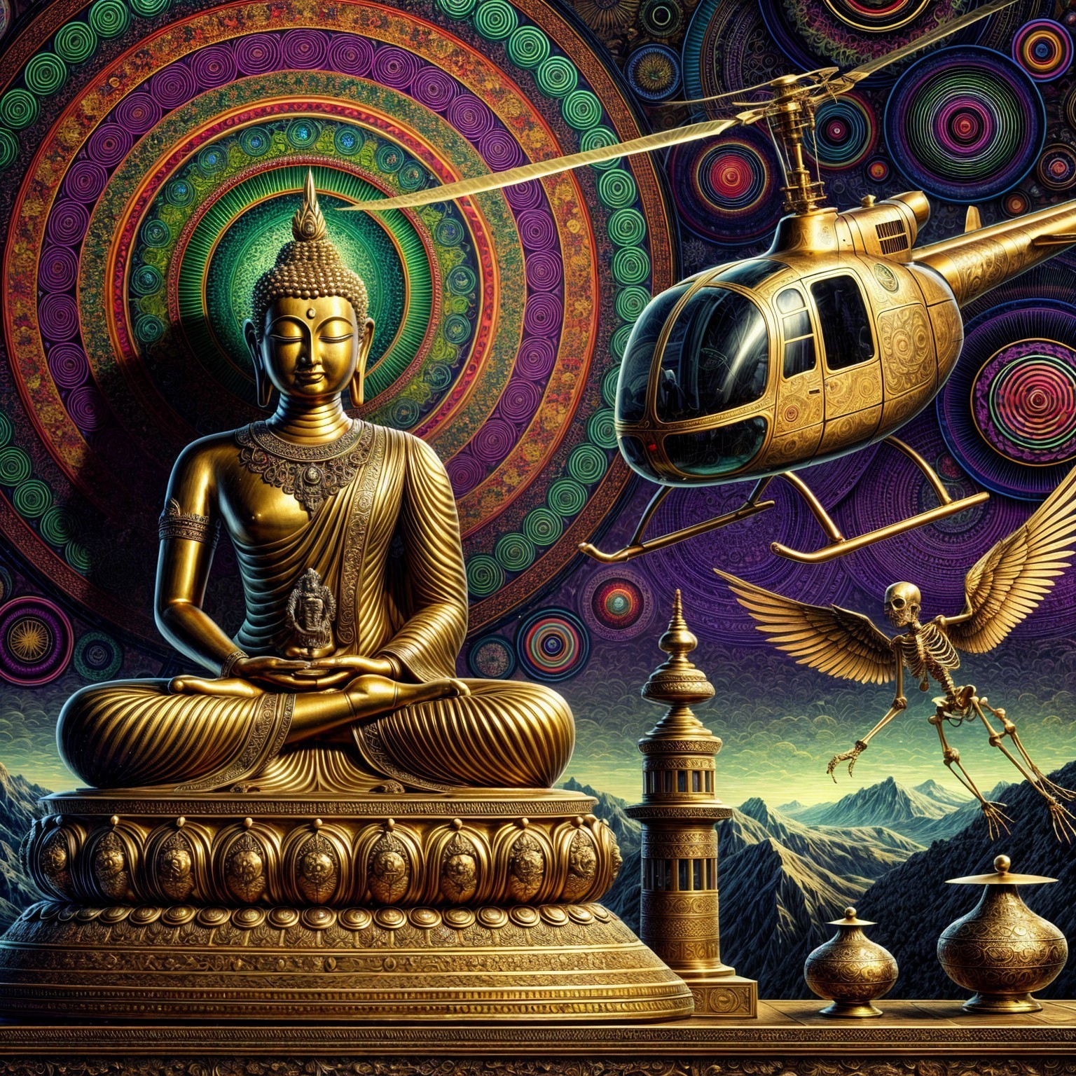 Golden Buddha Statue Surrounded by Vibrant Patterns