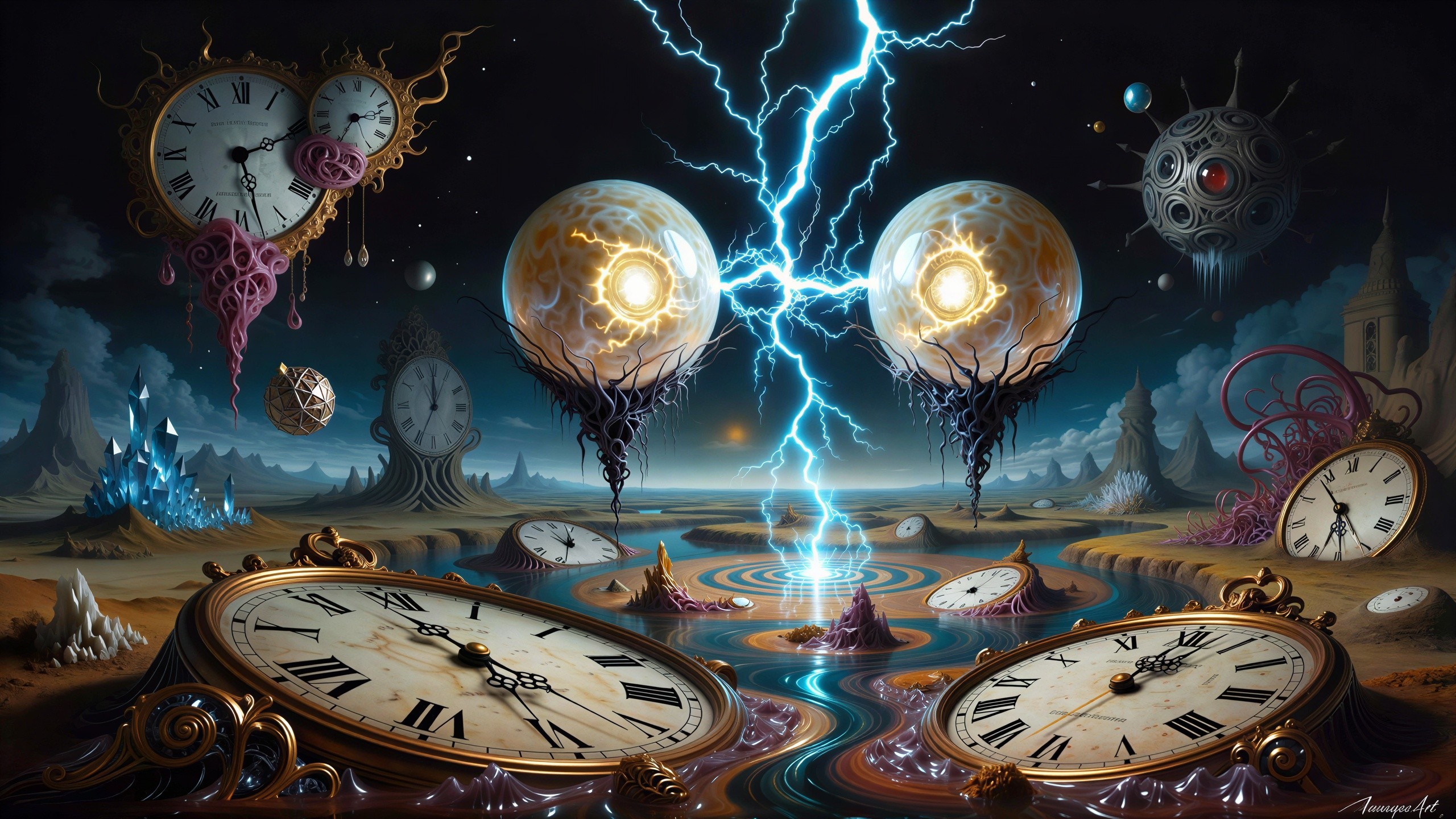 Cosmic Landscape with Floating Orbs and Ornate Clocks