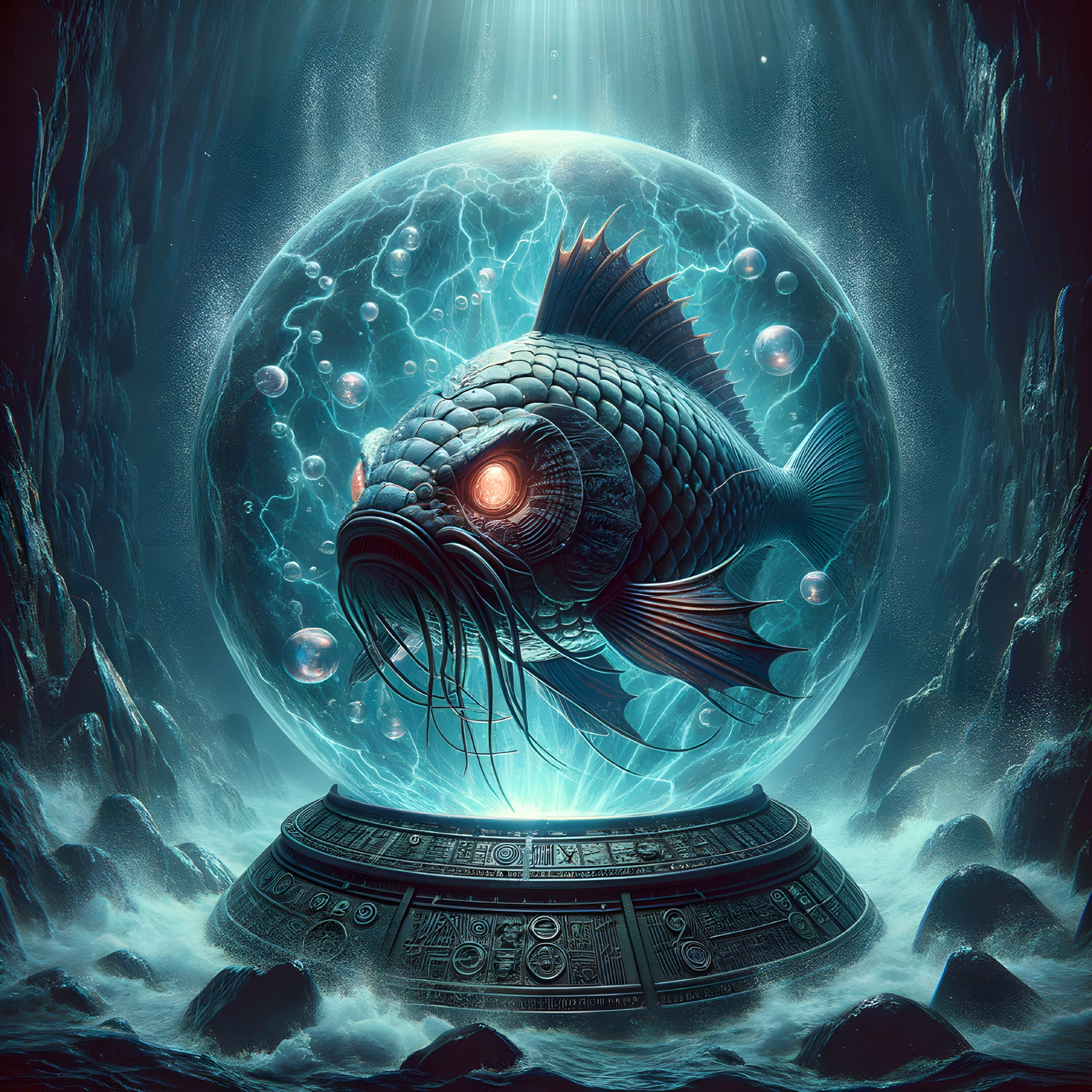 Mystical Underwater Scene with Glowing Fish Sphere