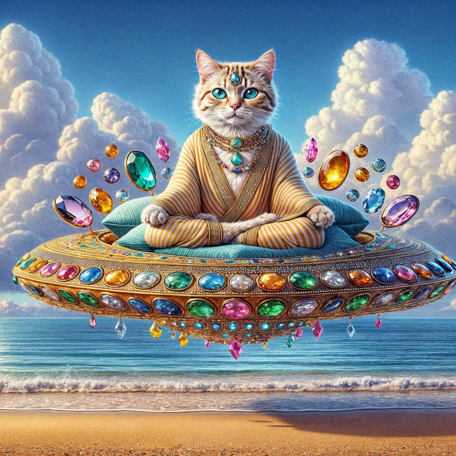 Meditating Cat on Jewel-Encrusted Flying Saucer