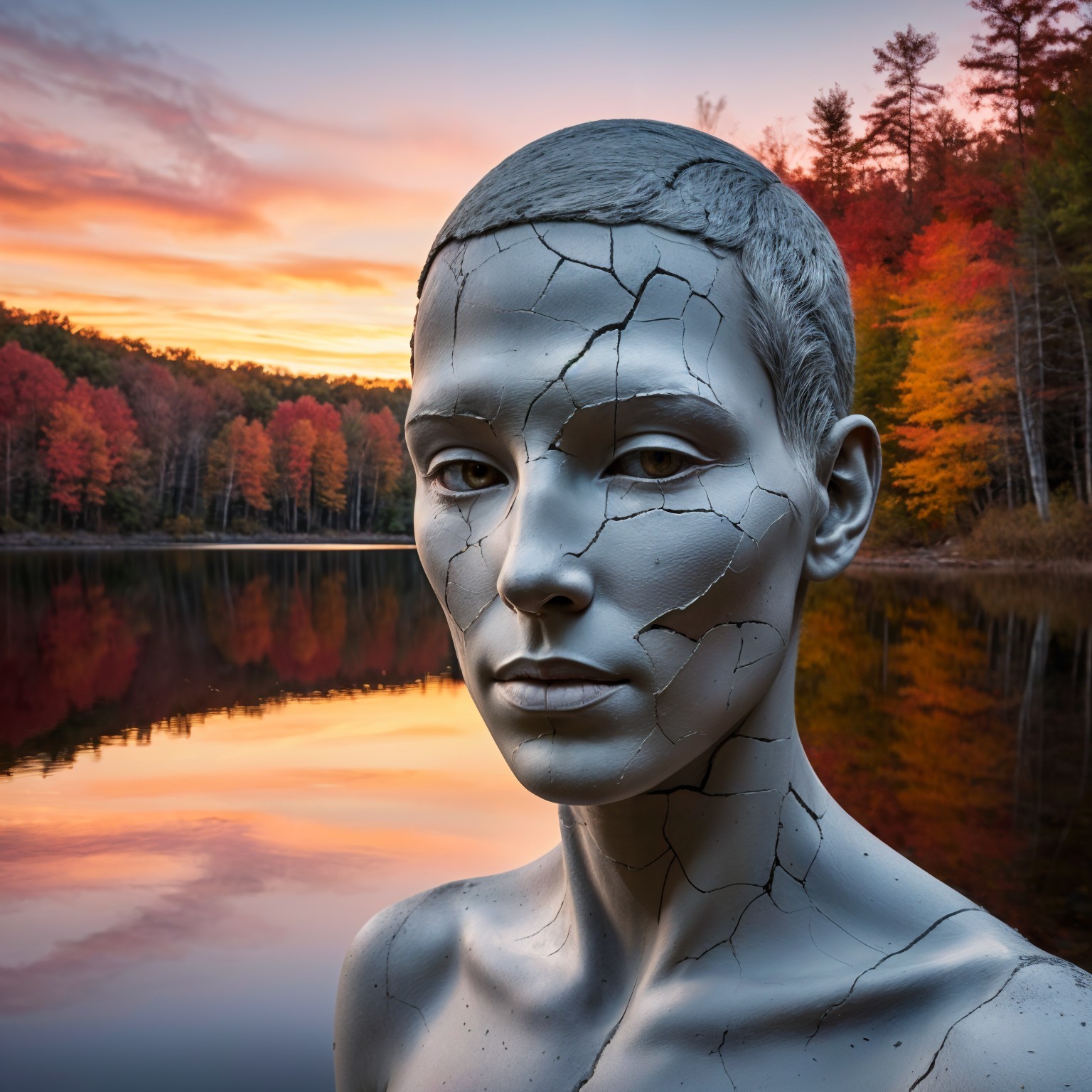 Cracked Mannequin Head with Autumn Lake Reflection