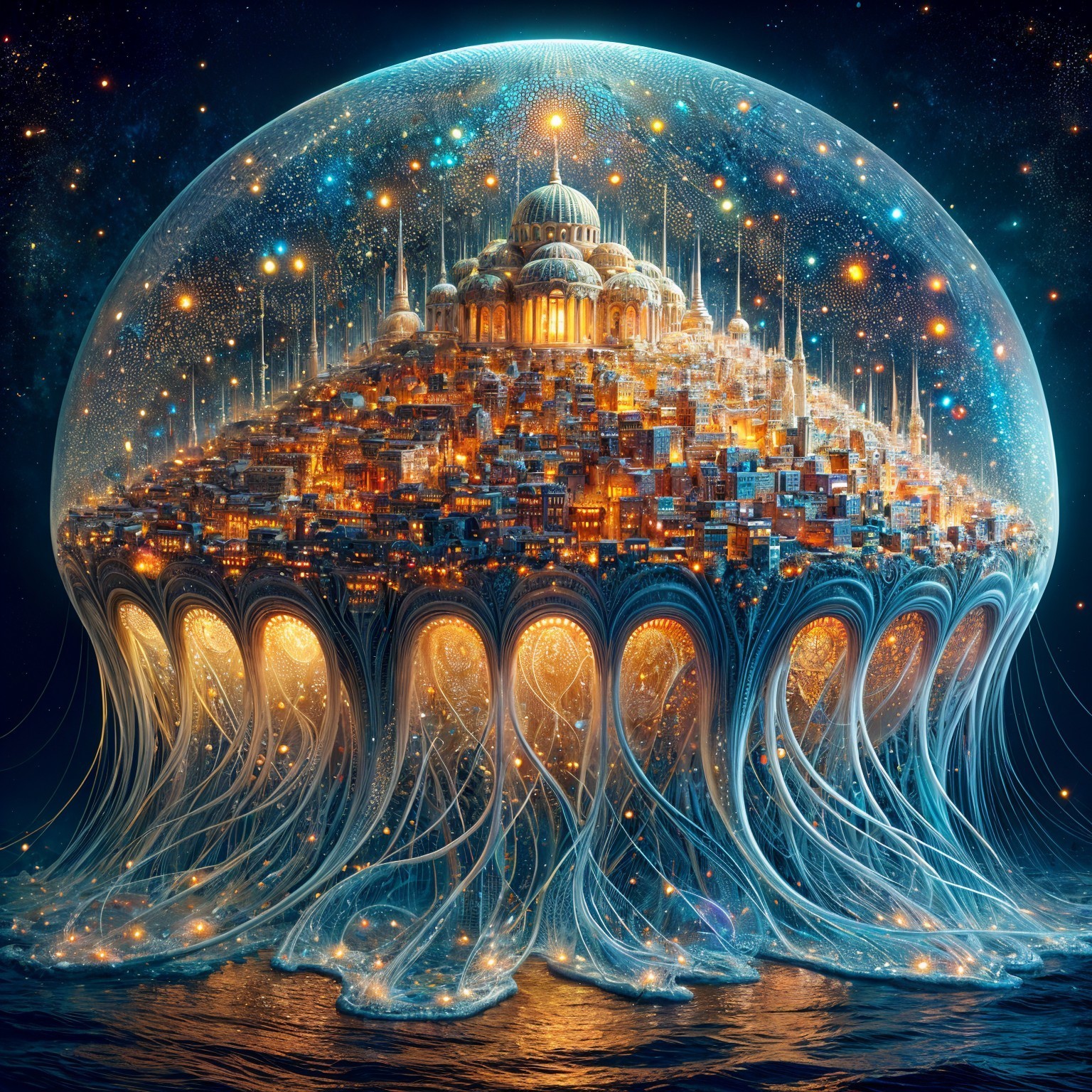 Fantastical City Under a Glowing Dome at Night
