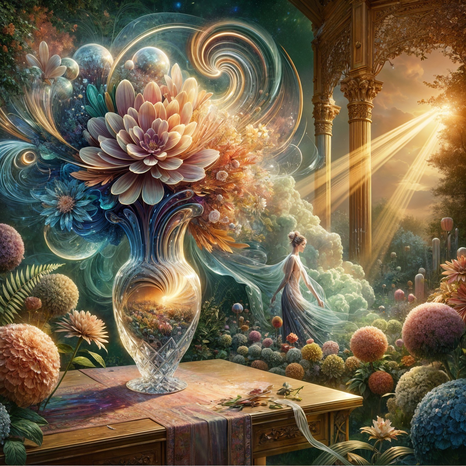 Vibrant Flowers in a Crystal Vase with Serene Landscape