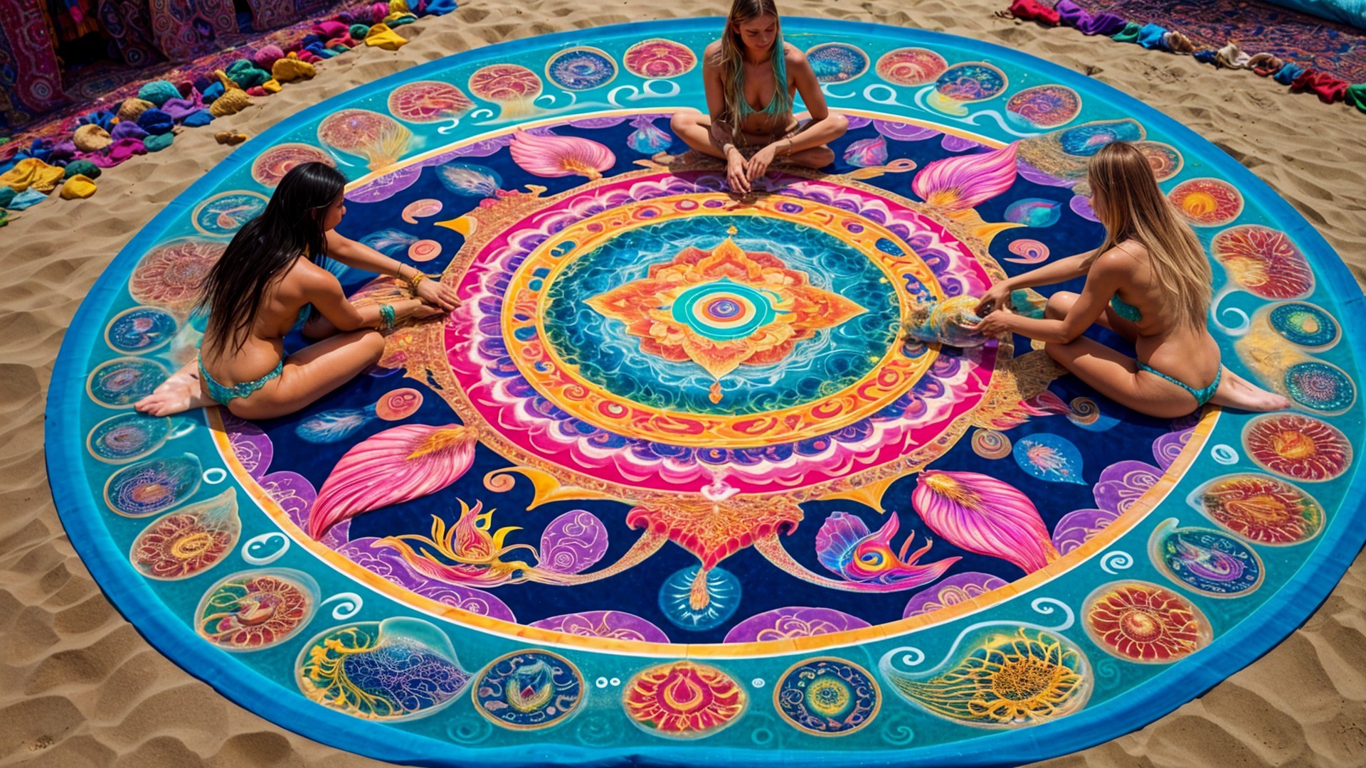 Women Creating Colorful Mandala in Outdoor Setting