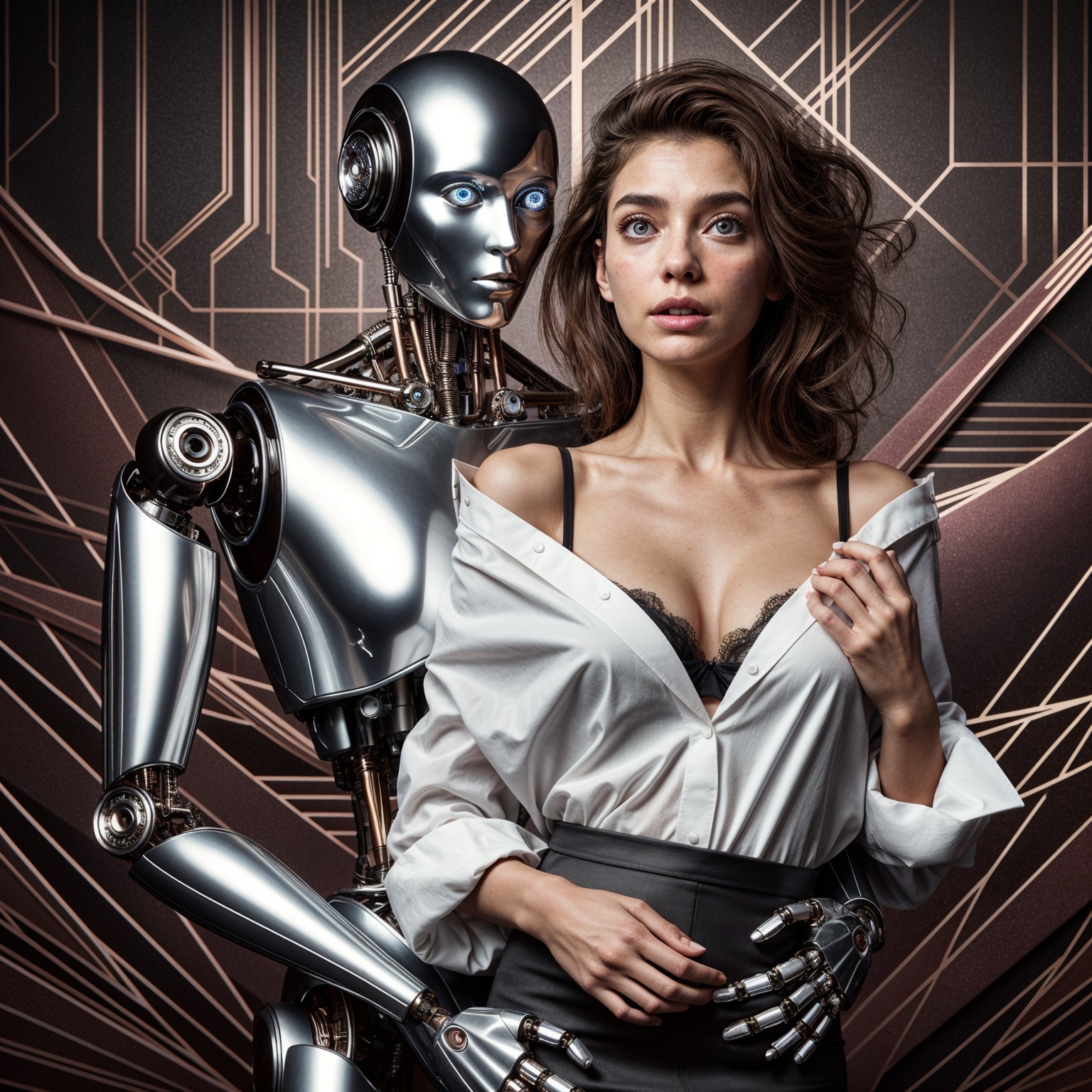 Futuristic Scene with Humanoid Robot and Woman
