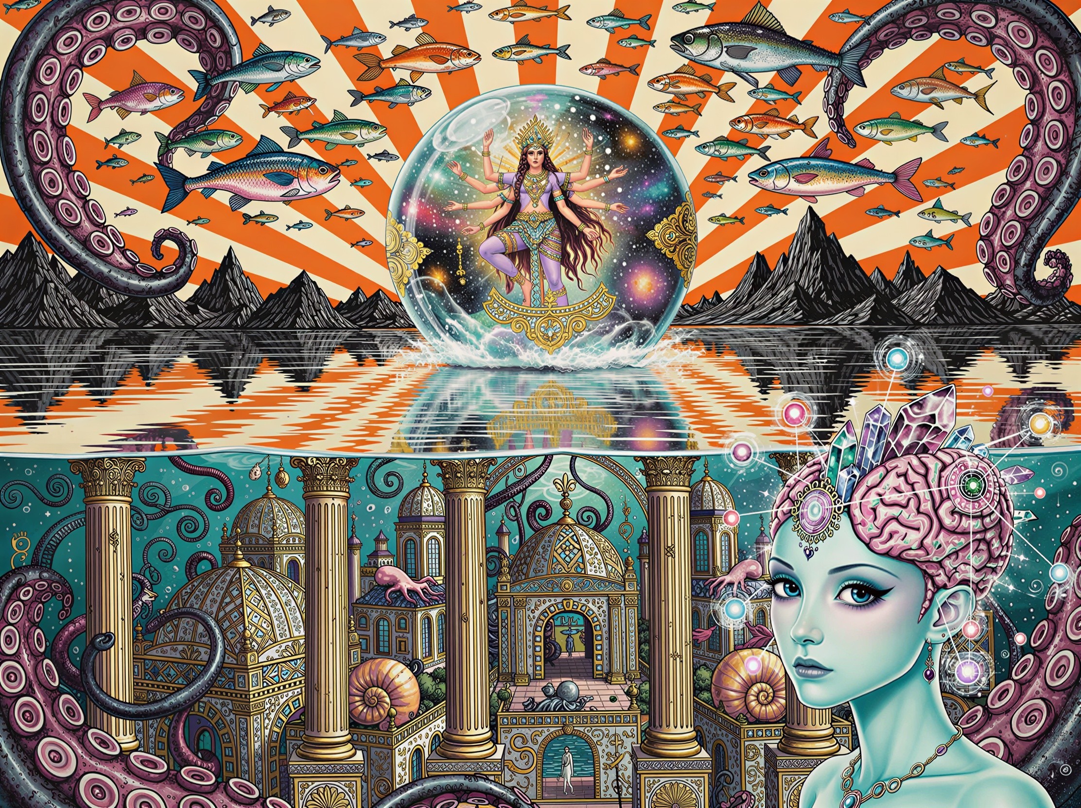 Psychedelic Digital Painting of Underwater Cityscape